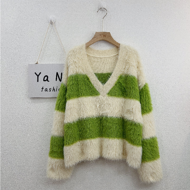 964 Autumn and winter new V-neck striped loose casual match color Mink hair knitted sweater women