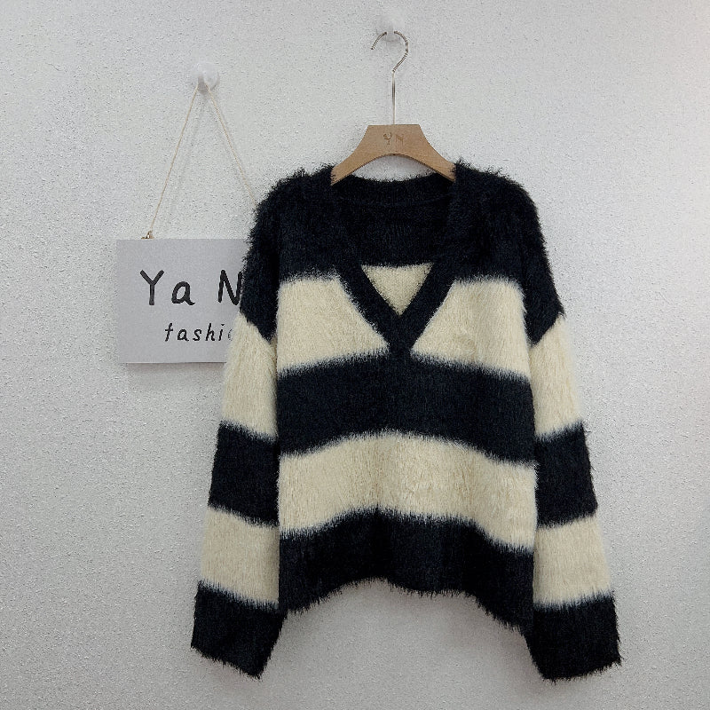 964 Autumn and winter new V-neck striped loose casual match color Mink hair knitted sweater women