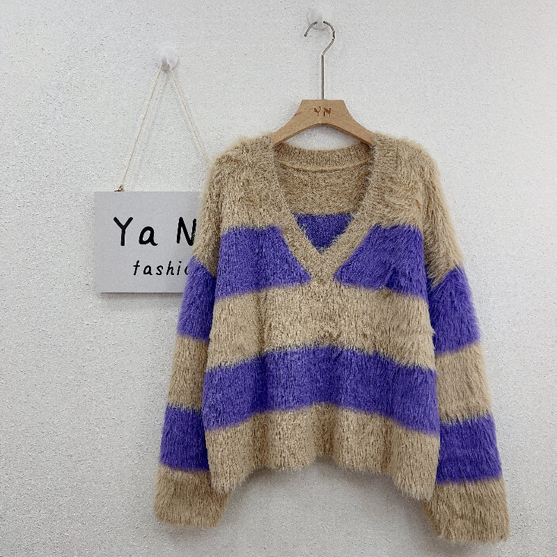 964 Autumn and winter new V-neck striped loose casual match color Mink hair knitted sweater women