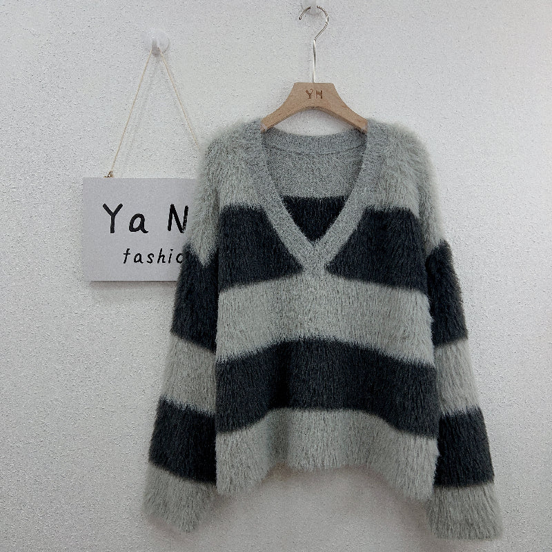 964 Autumn and winter new V-neck striped loose casual match color Mink hair knitted sweater women