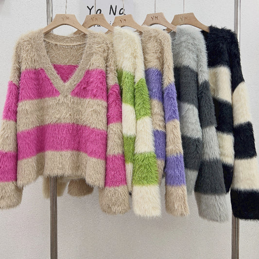 964 Autumn and winter new V-neck striped loose casual match color Mink hair knitted sweater women
