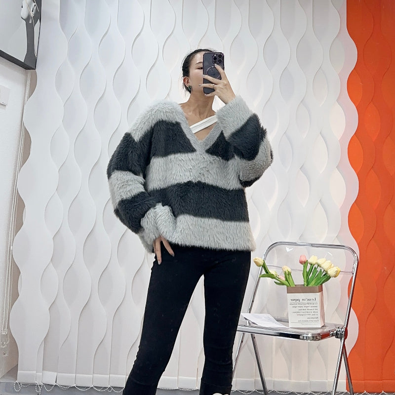 964 Autumn and winter new V-neck striped loose casual match color Mink hair knitted sweater women