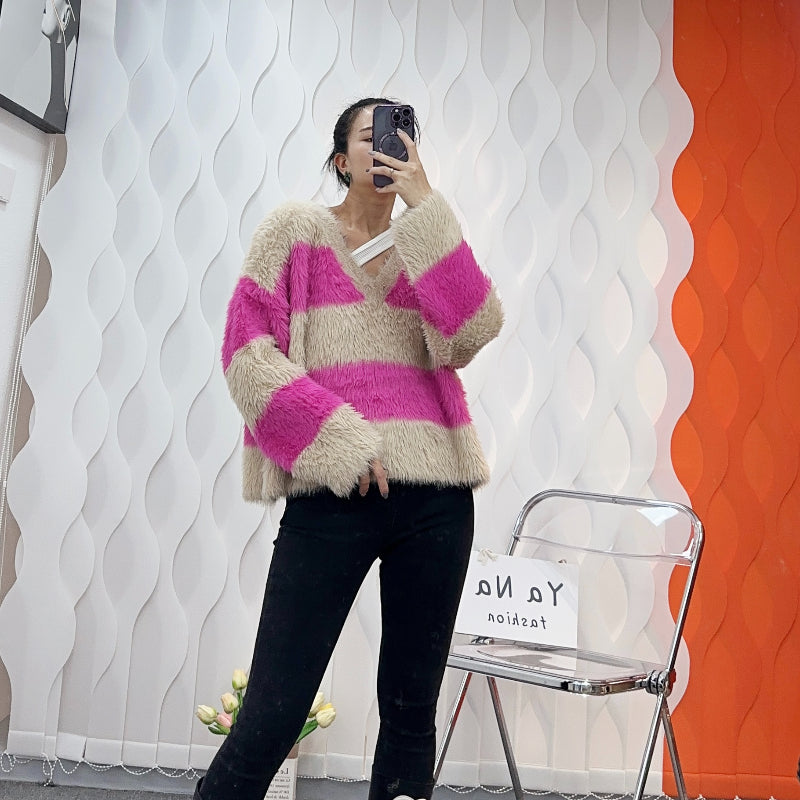964 Autumn and winter new V-neck striped loose casual match color Mink hair knitted sweater women