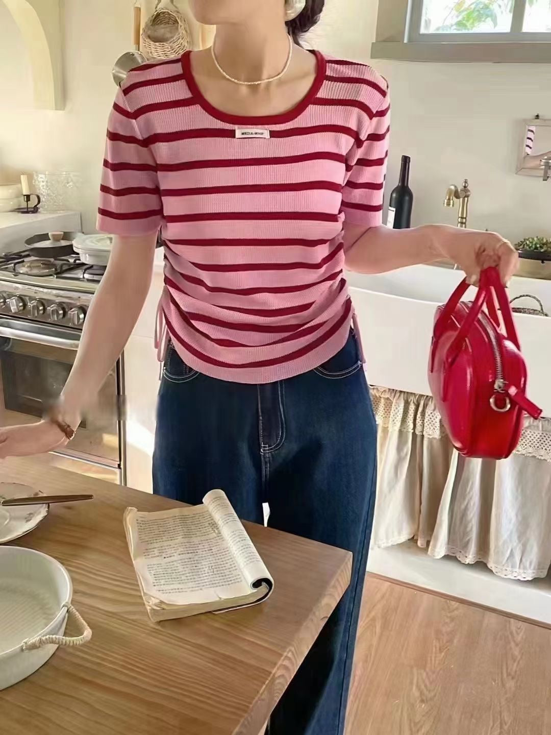 3115 Summer new style  knitted short sleeve striped T-shirt chic draw rope round neck short top Striped