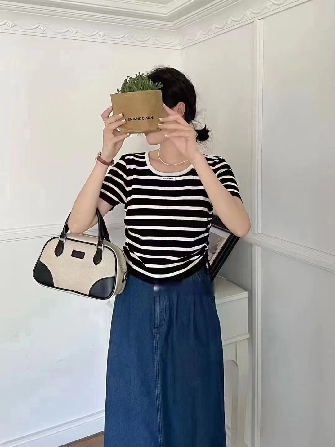 3115 Summer new style  knitted short sleeve striped T-shirt chic draw rope round neck short top Striped