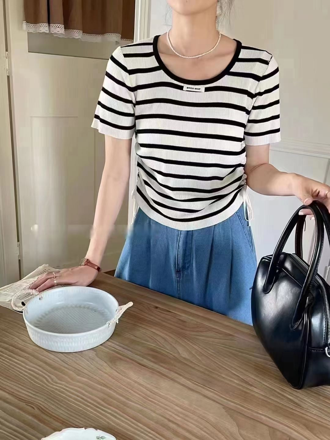 3115 Summer new style  knitted short sleeve striped T-shirt chic draw rope round neck short top Striped