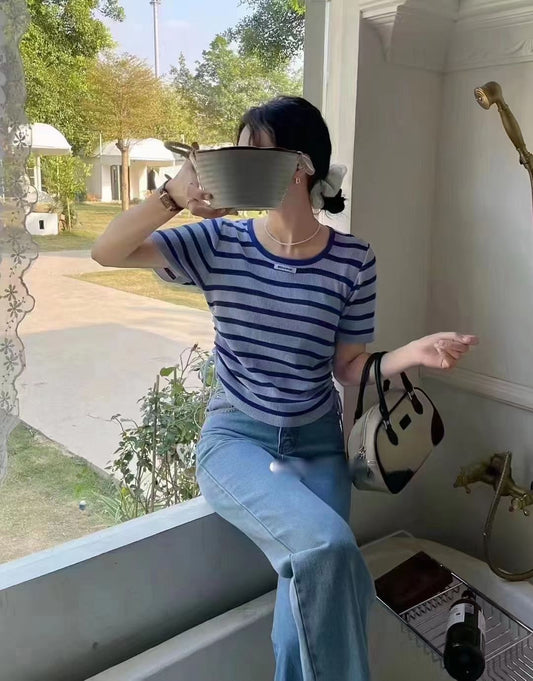 3115 Summer new style  knitted short sleeve striped T-shirt chic draw rope round neck short top Striped