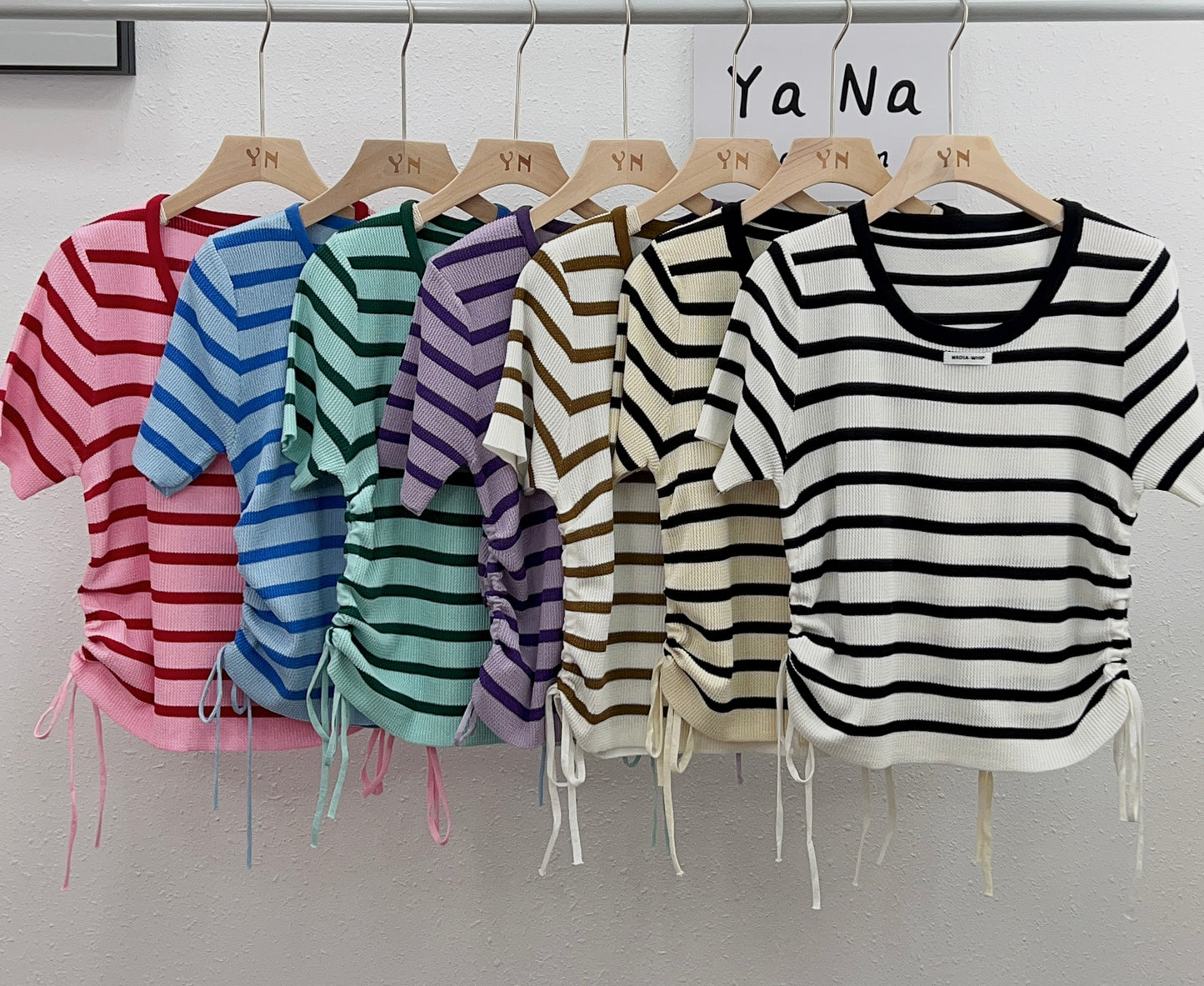 3115 Summer new style  knitted short sleeve striped T-shirt chic draw rope round neck short top Striped