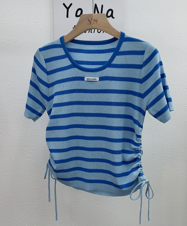 3115 Summer new style  knitted short sleeve striped T-shirt chic draw rope round neck short top Striped