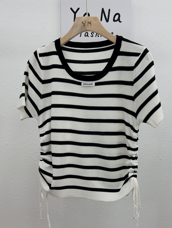 3115 Summer new style  knitted short sleeve striped T-shirt chic draw rope round neck short top Striped