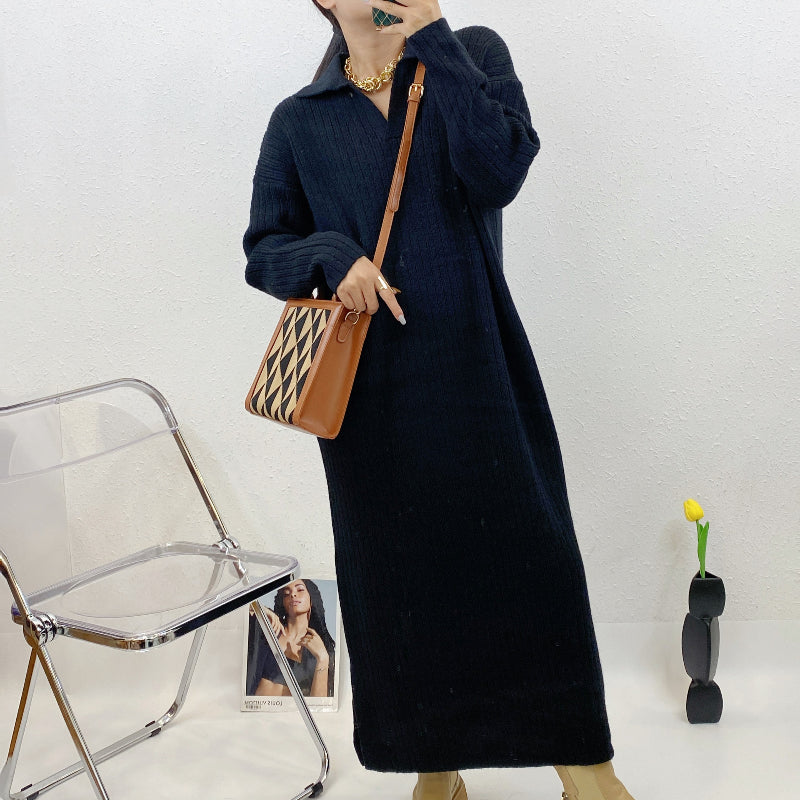 ULOVED New autumn/winter dress with a loose and versatile casual shirt collar long-sleeved sweater