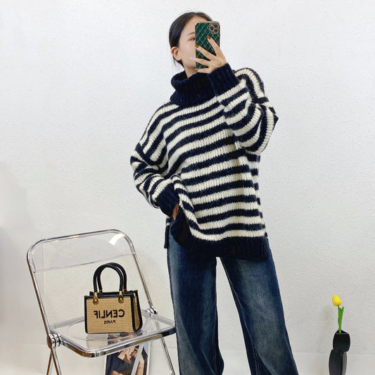 ULOVED Autumn and winter new striped turtleneck women's loose long-sleeved casual knitted sweater