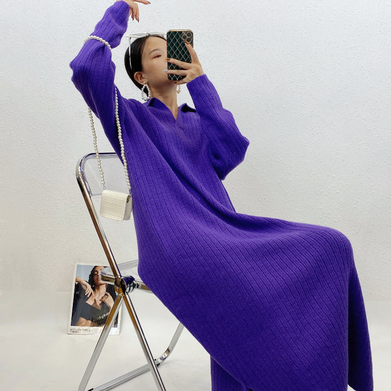 ULOVED New autumn/winter dress with a loose and versatile casual shirt collar long-sleeved sweater