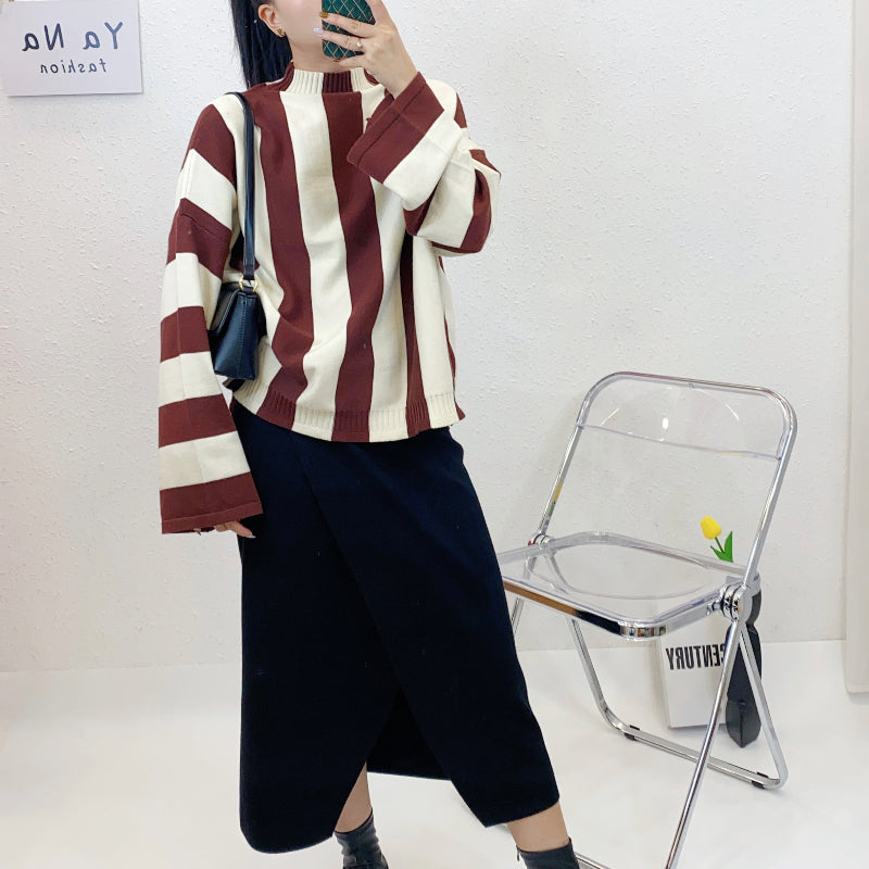 ULOVED Fashion women's vertical stripe core yarn sweater knitted suit skirt