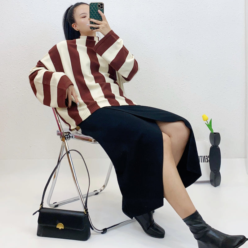 ULOVED Fashion women's vertical stripe core yarn sweater knitted suit skirt