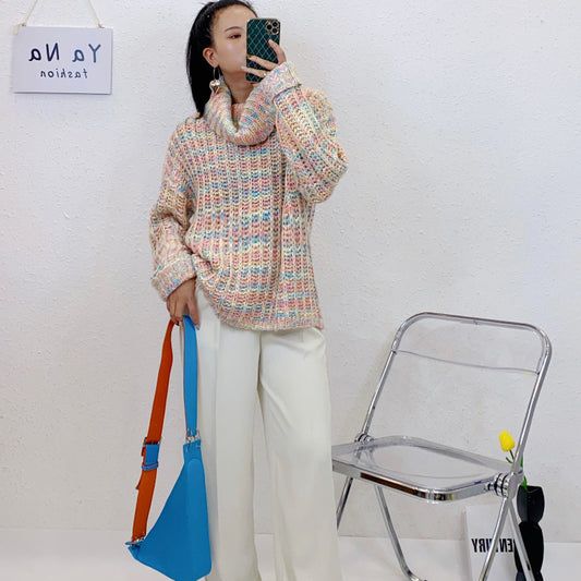 ULOVED Autumn and winter new rainbow turtleneck mohair pullover sweater for women
