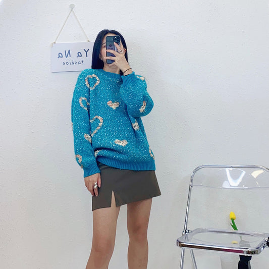 ULOVED 2023 winter new lazy wind pullover sweater pattern love jacquard sweater