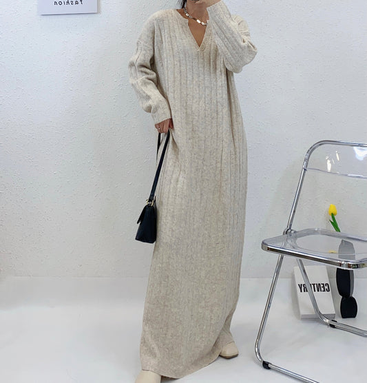 ULOVED Autumn and winter new V-neck extended dress simple casual sweater women