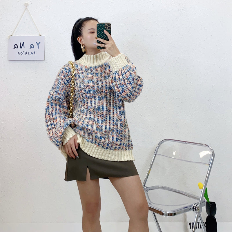 ULOVED Half high neck new lazy wind loose Korean version thickened color pullover sweater