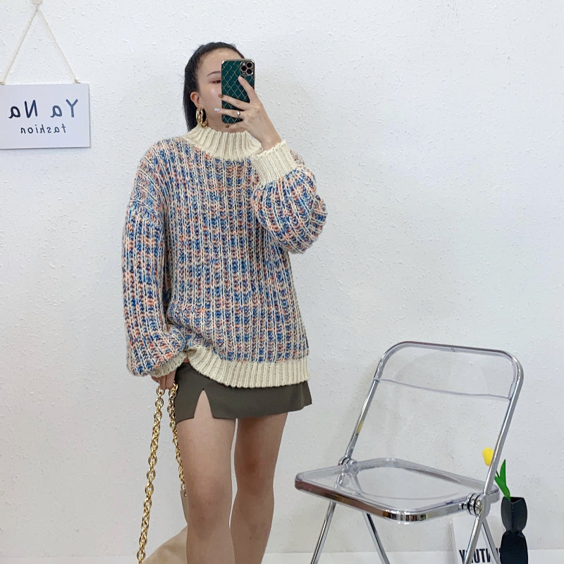 ULOVED Half high neck new lazy wind loose Korean version thickened color pullover sweater