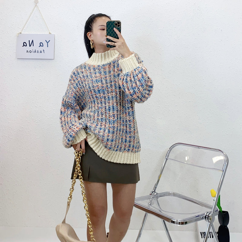 ULOVED Half high neck new lazy wind loose Korean version thickened color pullover sweater