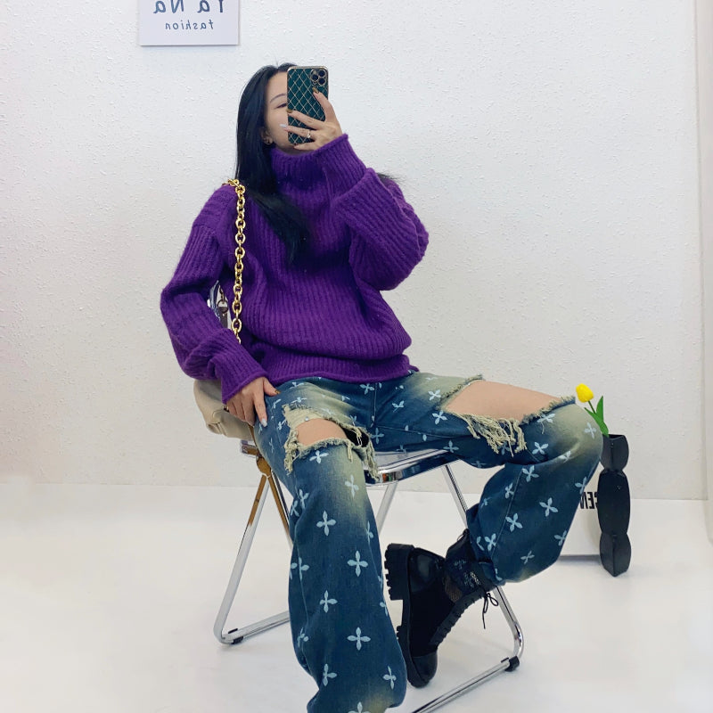 ULOVED Senior sense insert rotator cuff pit strip turtleneck women's loose slimming all-match knitted sweater