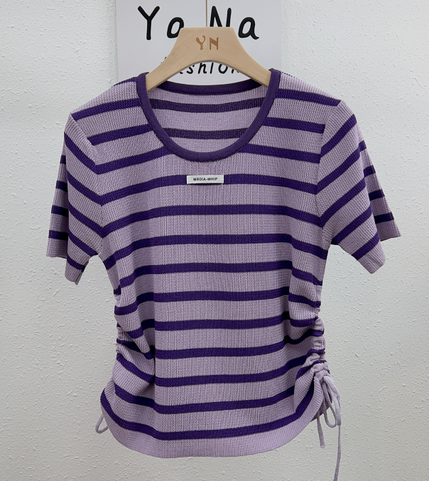 3115 Summer new style  knitted short sleeve striped T-shirt chic draw rope round neck short top Striped