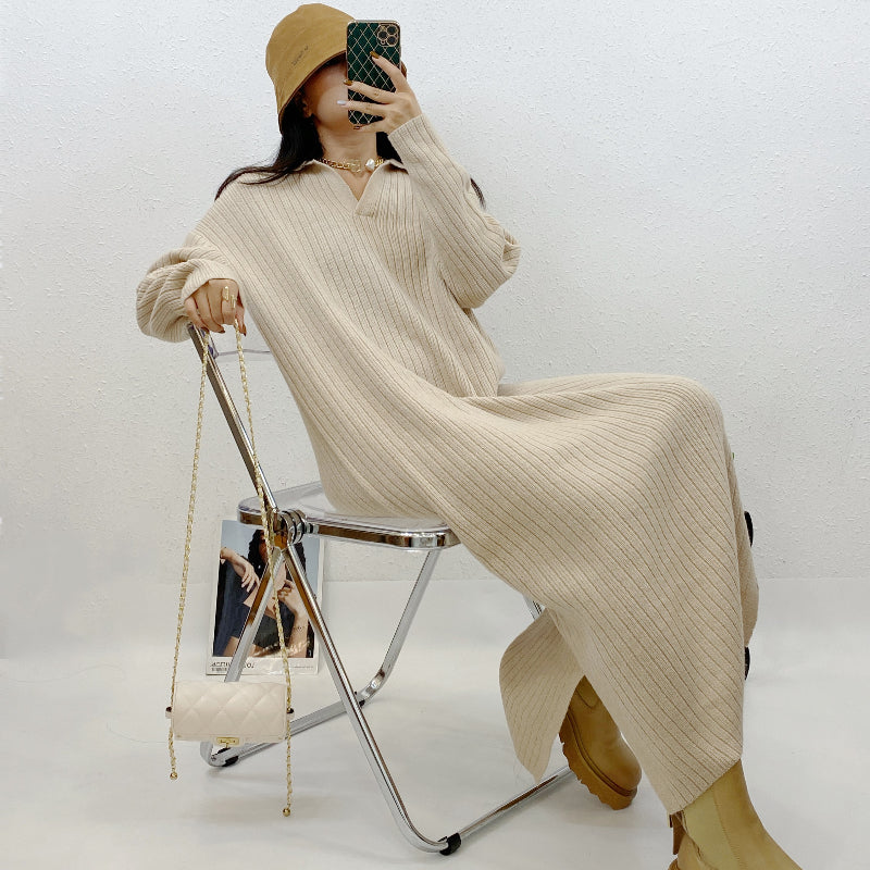 ULOVED New autumn/winter dress with a loose and versatile casual shirt collar long-sleeved sweater