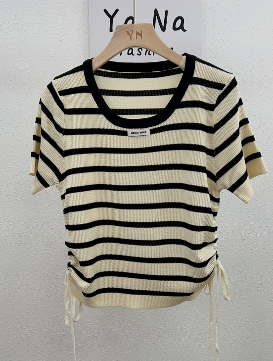 3115 Summer new style  knitted short sleeve striped T-shirt chic draw rope round neck short top Striped