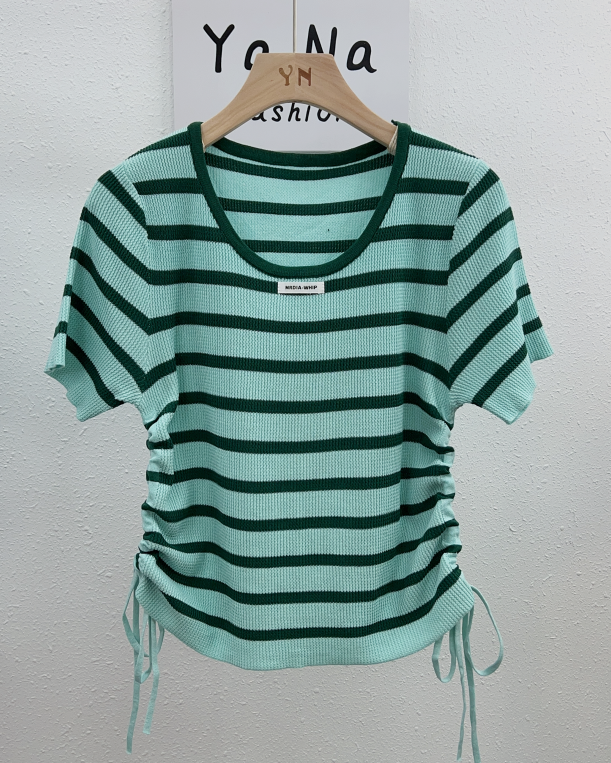 3115 Summer new style  knitted short sleeve striped T-shirt chic draw rope round neck short top Striped