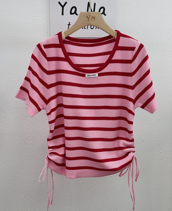 3115 Summer new style  knitted short sleeve striped T-shirt chic draw rope round neck short top Striped